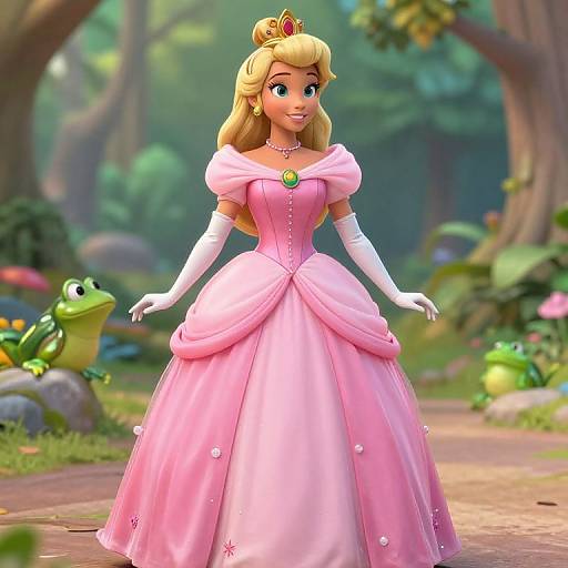 CGI image of Princess Peach in a pink ball gown, white gloves, and crown, standing in a colorful, forested path with cartoon frogs.