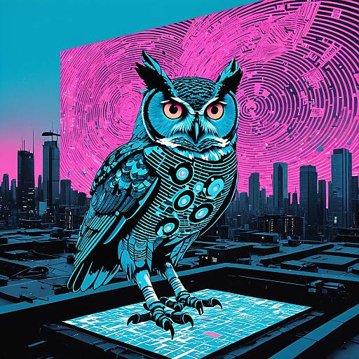 Cyberpunk Robotic Owl on Rooftop