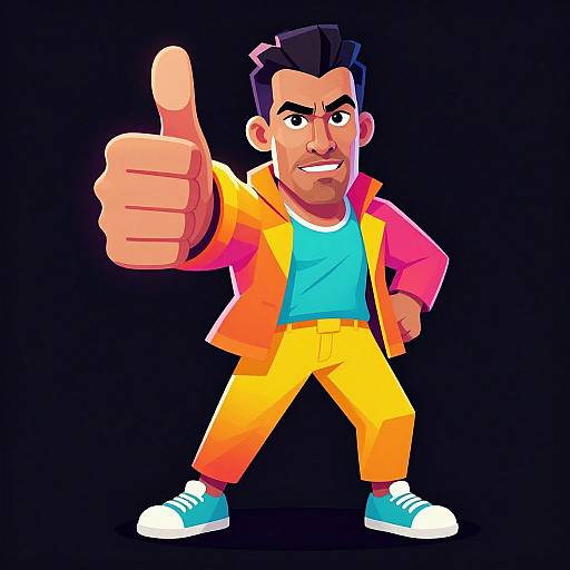 Cartoon-style illustration of a confident man with dark hair, thick eyebrows, and tanned skin, giving a thumbs-up. He wears a bright orange