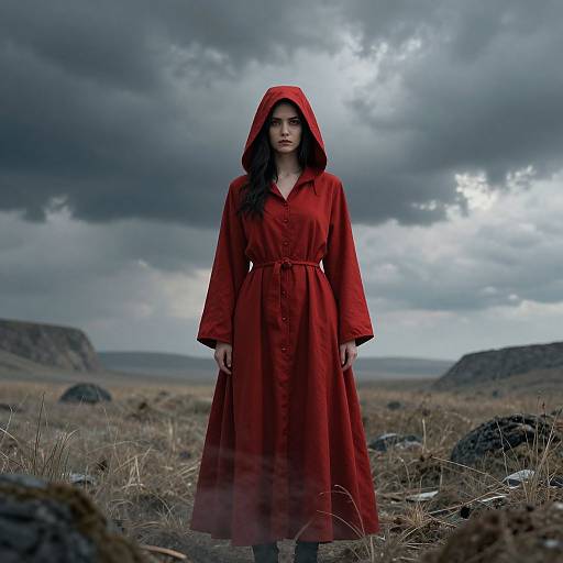 Photograph of a woman in a red hooded dress standing in a dramatic, cloudy, rocky landscape, with mountains in the background.