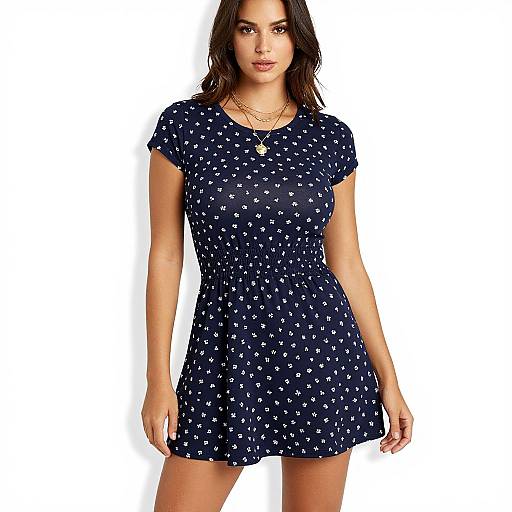 Photograph of a young woman with dark brown hair, wearing a short-sleeved, navy blue dress with white polka dots, standing against a