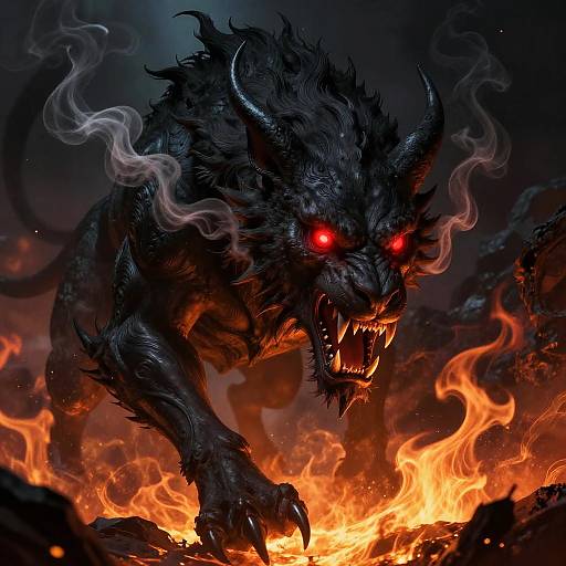 Fierce Hellhound Emerging from Flames
