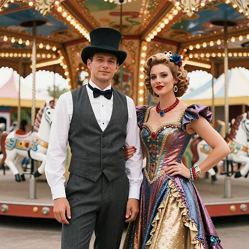 Photograph of a man in a black top hat and vest, and a woman in a colorful, sequined dress, standing on a brightly lit,