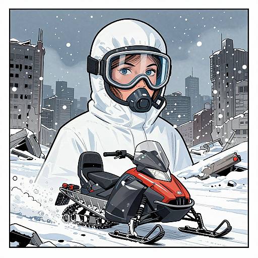 Digital comic-style drawing of a young person in a white snowsuit, gas mask, and goggles, holding a red and black snow blower amidst a
