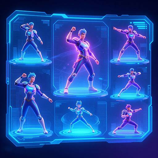 Digital illustration of a blue-haired, muscular, neon-lit superhero in various dynamic poses within glowing blue holographic panels.