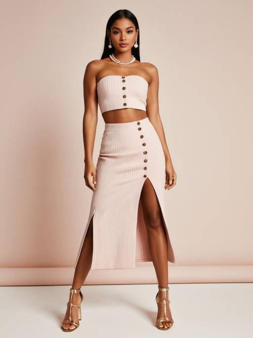Chic Woman in Blush Pink Two-Piece Outfit