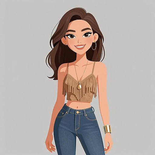 Digital illustration of a smiling woman with long brown hair, wearing a fringe brown crop top, blue jeans, gold hoop earrings, necklace, and bracelet,