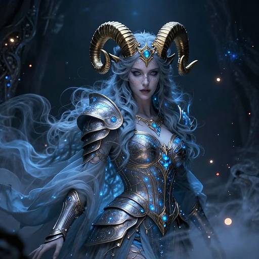 Digital artwork of a mysterious, blue-haired woman with golden ram horns, wearing shimmering blue and gold armored attire, set against a dark, ethereal