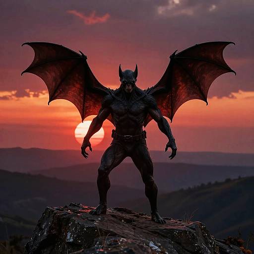 Silhouetted bat-winged warrior with muscular build and horns stands on rocky peak against vibrant orange-red sunset sky. Photorealistic digital art.