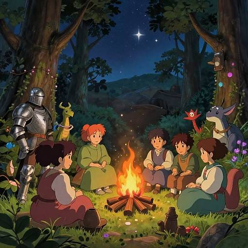 Anime-style illustration of six children and fantastical creatures around a campfire in a forest at night, with a starry sky.
