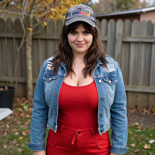 Photograph of a smiling woman with dark hair, blue denim jacket, red top, and pants, wearing a 