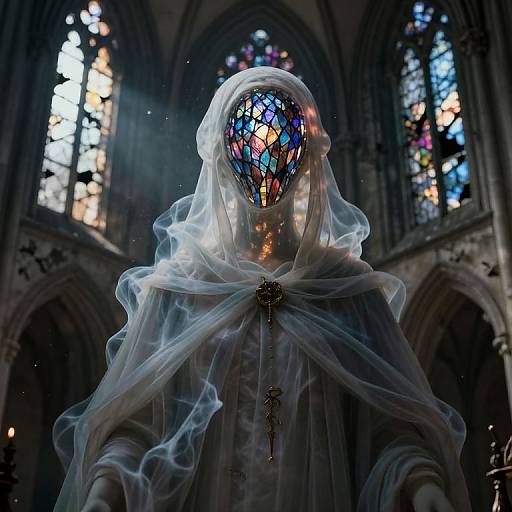 Mysterious figure in white, face obscured by colorful stained glass, stands in a dimly lit Gothic cathedral, draped in flowing cloth.