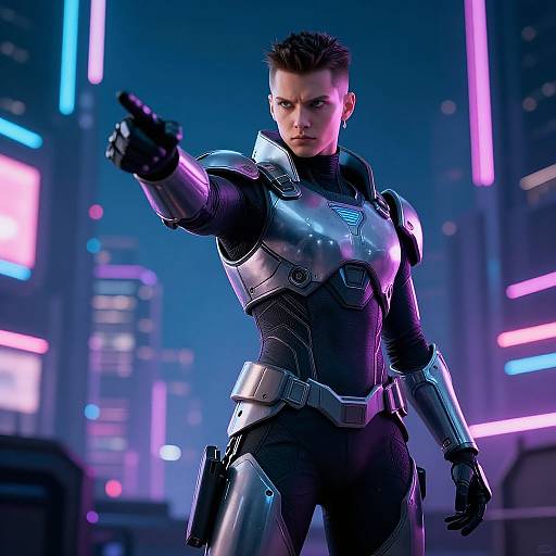CGI image of a muscular man in futuristic, silver and black armor, pointing a gun, standing in a neon-lit cityscape.