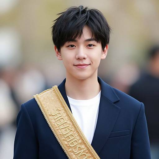 Photograph of a young Asian man with black hair, wearing a black suit, white shirt, and gold sash, smiling slightly, with a blurred