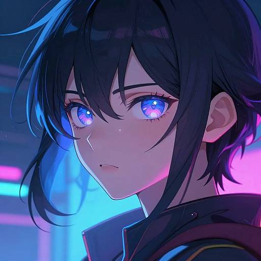 Digital anime-style portrait of a young person with glowing blue eyes, black hair, and a serious expression, illuminated by neon lights.