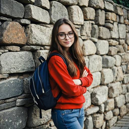 Young woman in red sweatshirt by stone wall