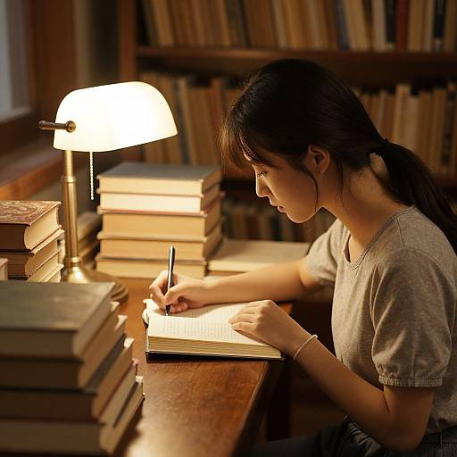 Photograph of an Asian woman with long black hair in a ponytail, writing in a notebook under a warm lamp, surrounded by stacked books in a