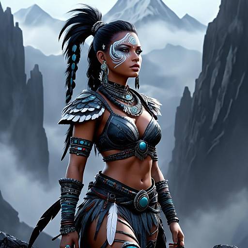 Digital artwork of a fierce, dark-skinned warrior woman with tribal face paint, black braided hair, and metallic armor, standing in a misty