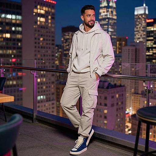 Photograph of bearded man with short curly hair, wearing white hoodie, white cargo pants, and black sneakers, leaning on balcony at night, city