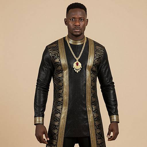 Photograph of a serious African man with dark skin, short hair, wearing a black, gold-embroidered long coat, black shirt, and