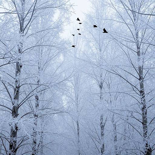 Photograph of a winter forest with bare, frost-covered trees and six black birds flying in a bright, cloudy sky.