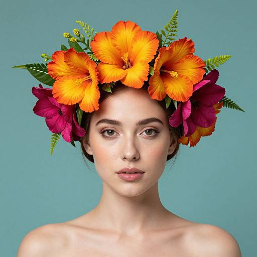 Photograph of a fair-skinned woman with a floral crown of orange and red hibiscus flowers and green leaves against a blue background. She