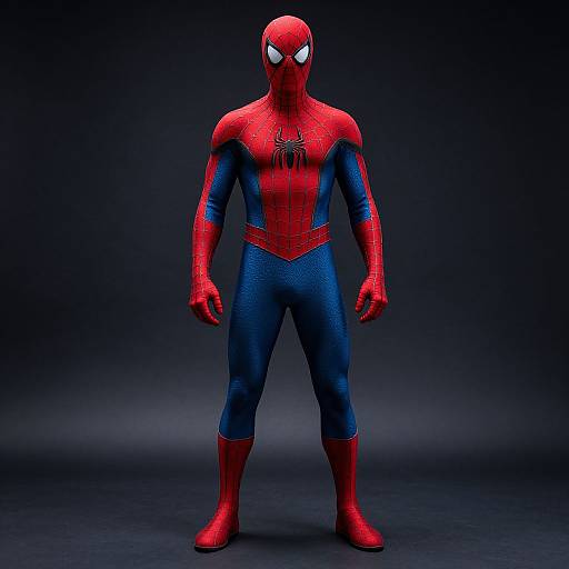 Photorealistic CGI of Spider-Man standing, facing forward. Wearing red and blue spider-web patterned suit, red boots, and mask with white