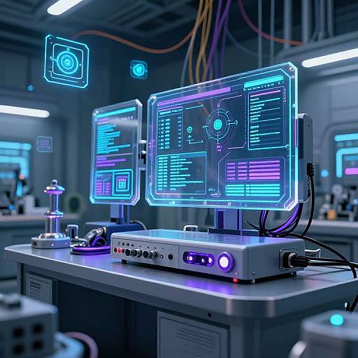 Neon-lit futuristic control room with glowing blue and purple computer monitors, multiple cables, and control panels against a metallic background.