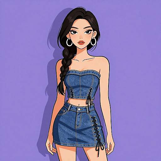 Digital illustration of a young woman with long black hair in a braid, wearing a blue denim crop top and skirt with lace-up sides, large hoop
