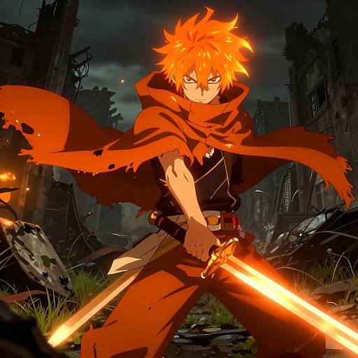 Anime-style digital artwork of an intense, orange-haired warrior with glowing sword, wearing a tattered red cloak, in a dark, ruined cityscape.