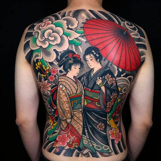 Colorful back tattoo of two traditional Japanese kimonos, one woman holding a red umbrella, surrounded by clouds, flowers, and waves.