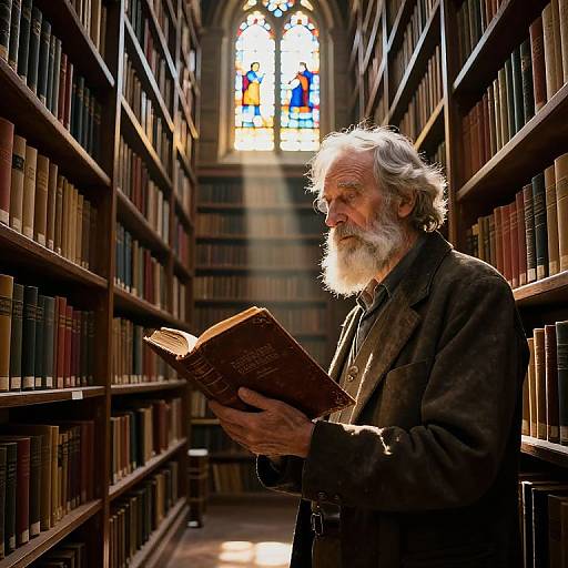 Photograph of an elderly white man with a long white beard, wearing a brown jacket, reading an old book in a dimly lit library with tall