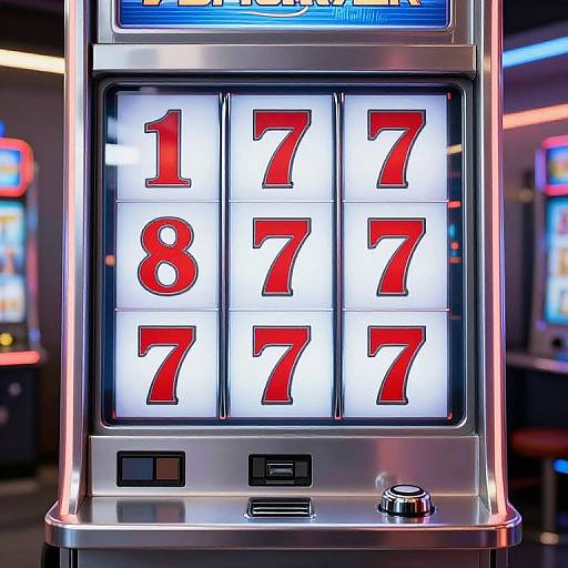 Photograph of a brightly lit slot machine displaying the numbers 17, 77, 18, 77, and 77 in red on white