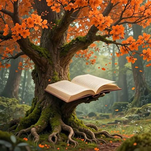 Fantastical forest scene with a moss-covered tree, orange blossoms, and an open book floating magically in the air. Digital art.