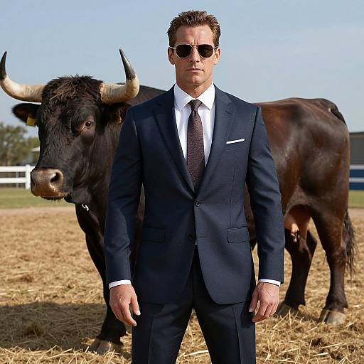 Photograph of a handsome man in a dark blue suit, white shirt, and patterned tie, standing confidently in front of a black bull with large