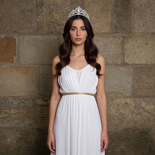 Photograph of a young woman with long dark hair, wearing a white gown and silver tiara, standing against a stone wall.