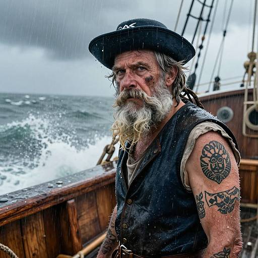 Photograph of a weathered, white-bearded pirate with tattoos, wearing a black hat and wet sleeveless shirt, standing on a stormy,