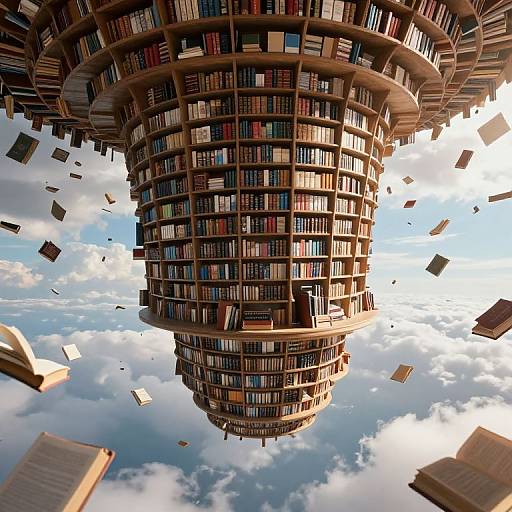 Surreal Floating Upside-Down Library