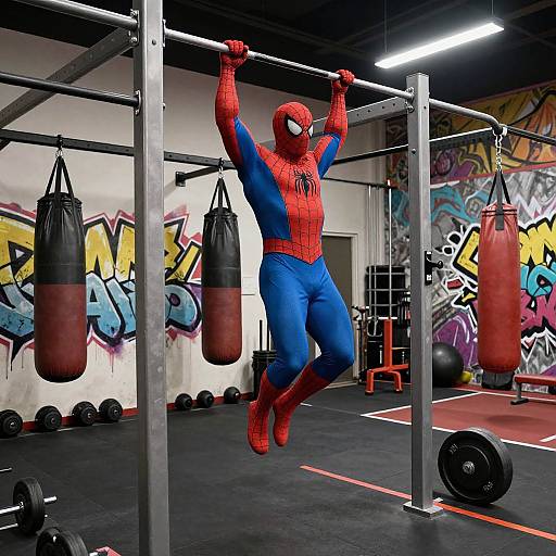 CGI image of Spider-Man in a blue and red suit, hanging from a gym bar with punching bags, colorful graffiti, and gym equipment in the