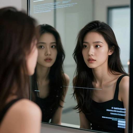Photograph of an Asian woman with long black hair, wearing a black tank top, staring at her reflection in a mirror.