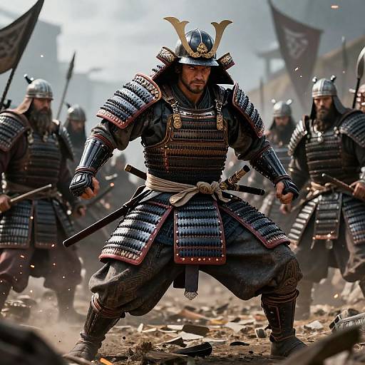 Photograph of fierce samurai warrior in traditional armor, standing battle-ready with sword, surrounded by armed comrades in misty, dusty battlefield.