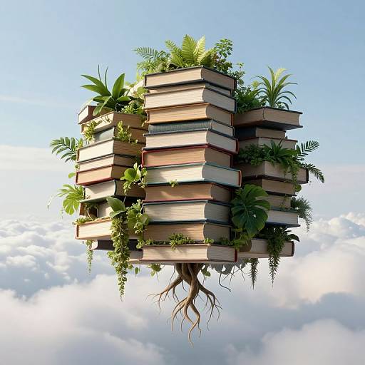 Digital artwork of a floating stack of books covered in lush green plants and ferns, with exposed roots, set against a bright blue sky with fluffy clouds