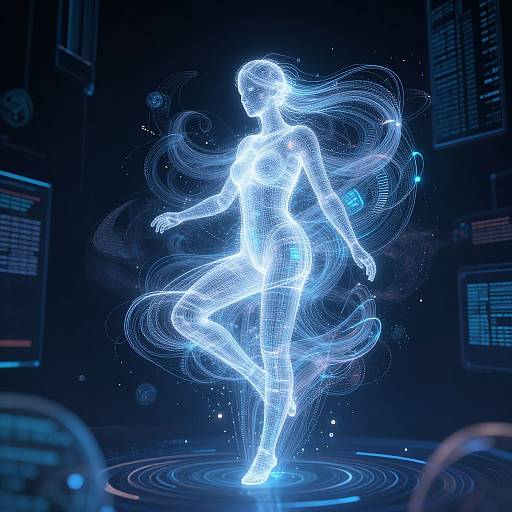 Digital CGI of a glowing blue neon wireframe female figure with flowing lines, dancing in a futuristic, dark cybercity backdrop.