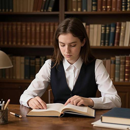 Photograph of a young woman with long brown hair, wearing a white shirt and black vest, studying an open book in a dimly lit library with