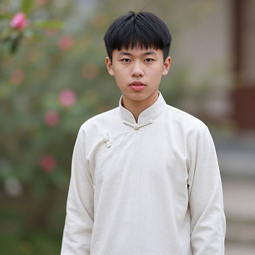 Photograph of a young Asian boy with short black hair, wearing a white traditional long-sleeve shirt, standing outdoors with a blurred garden background and