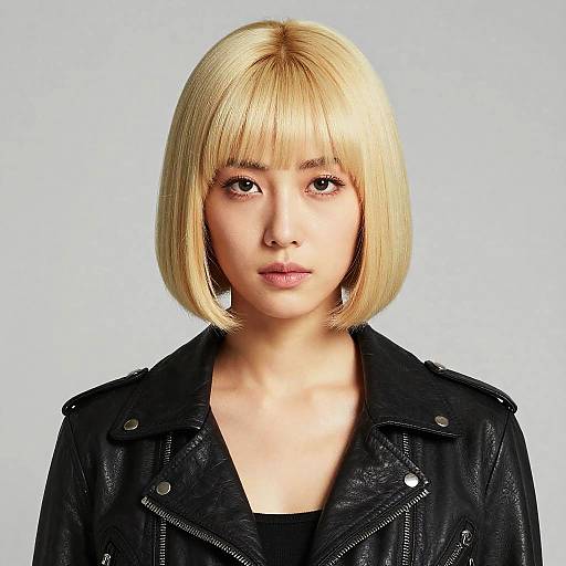 Portrait of Woman with Blonde Bob Wig and Leather Jacket