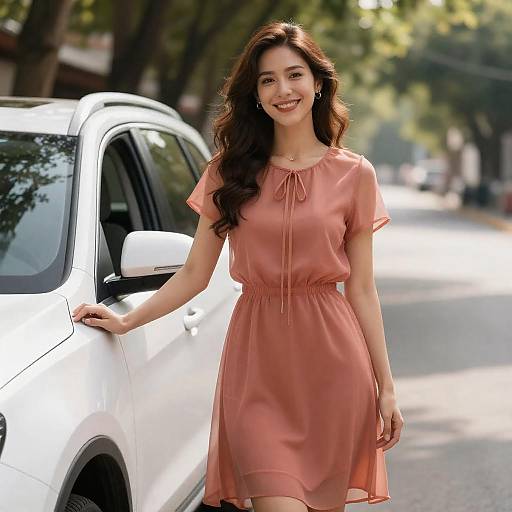 Smiling Woman Beside SUV in Sunlight