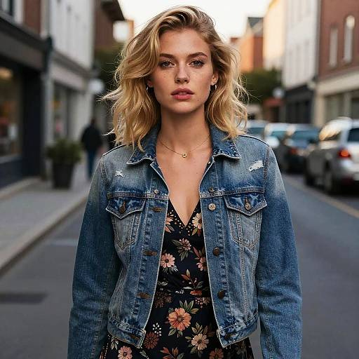 Photograph of a blonde woman with wavy hair, wearing a floral dress and blue denim jacket, standing on a city street.