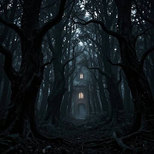 Photograph of a dark, eerie forest with tall, shadowy trees framing a mysterious, illuminated, two-story house at the center.