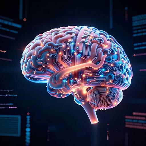 Digital CGI of a glowing, neon-lit brain with intricate circuitry patterns, illuminated in vibrant blue, orange, and pink against a dark, futuristic